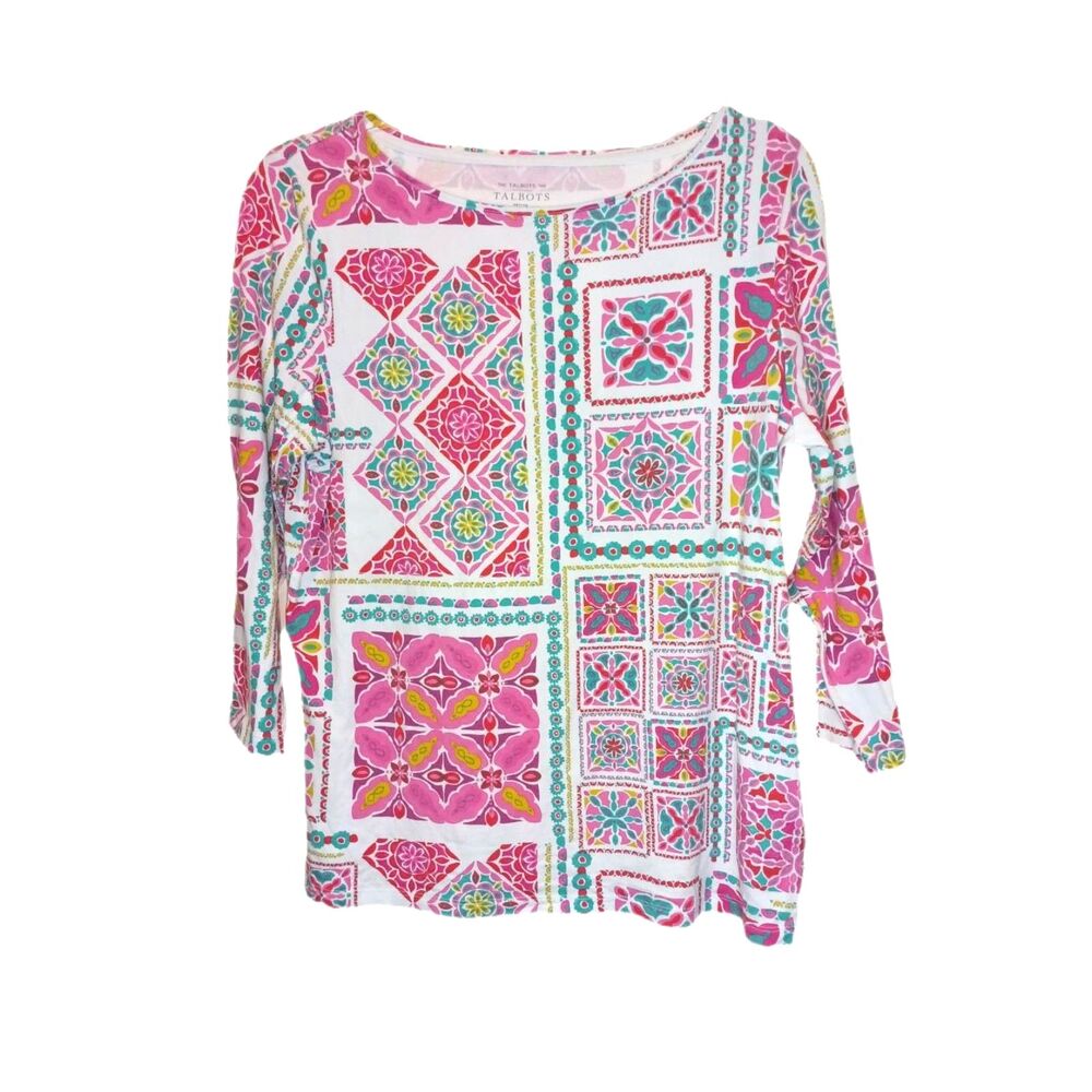Talbots 3/4 Sleeve Painterly Tiles Bateau Neck Tee Size LP Weekend Relaxing Chic